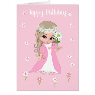 Cute Birthday Princess med Flowers på Ljus rosa Hälsningskort