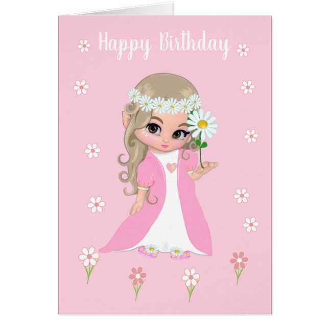 Cute Birthday Princess med Flowers på Ljus rosa Hälsningskort (Framsidan)