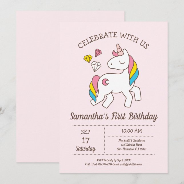Cute Birthday Rainbow Unicorn Inbjudningar (Fram/baksida)