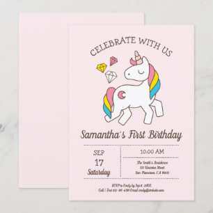 Cute Birthday Rainbow Unicorn Inbjudningar
