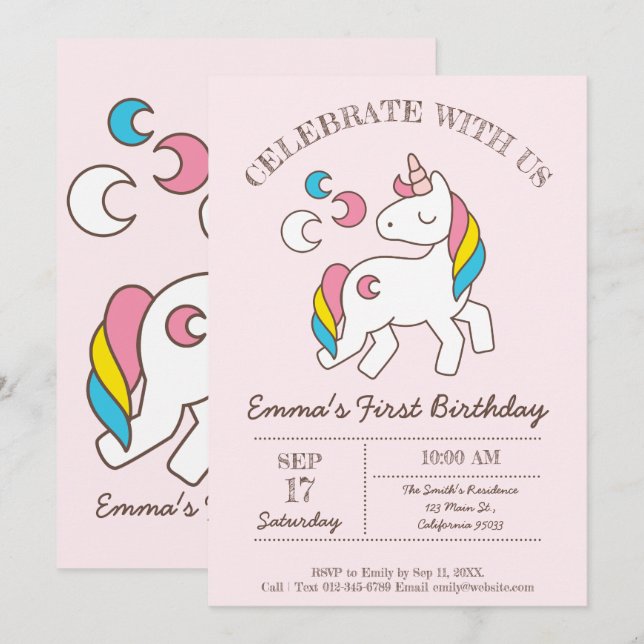 Cute Birthday Rainbow Unicorn Inbjudningar (Fram/baksida)