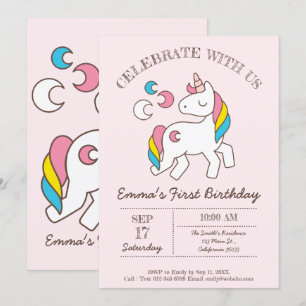 Cute Birthday Rainbow Unicorn Inbjudningar