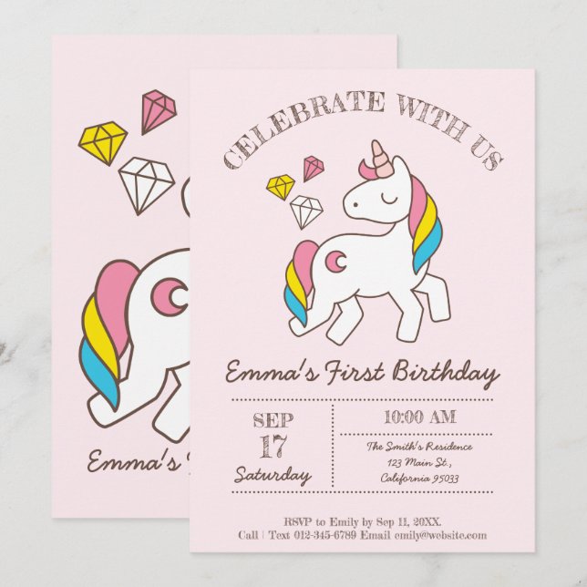 Cute Birthday Rainbow Unicorn Inbjudningar (Fram/baksida)