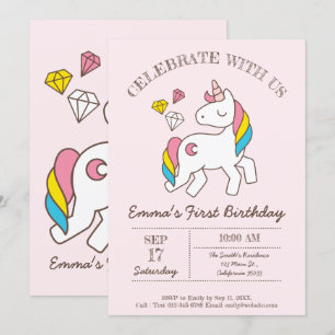 Cute Birthday Rainbow Unicorn Inbjudningar
