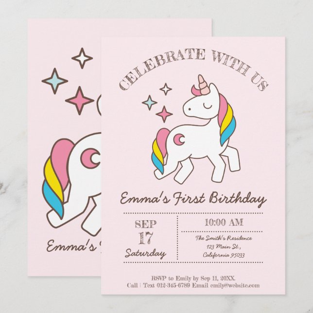 Cute Birthday Rainbow Unicorn Party-inbjudan Inbjudningar (Fram/baksida)