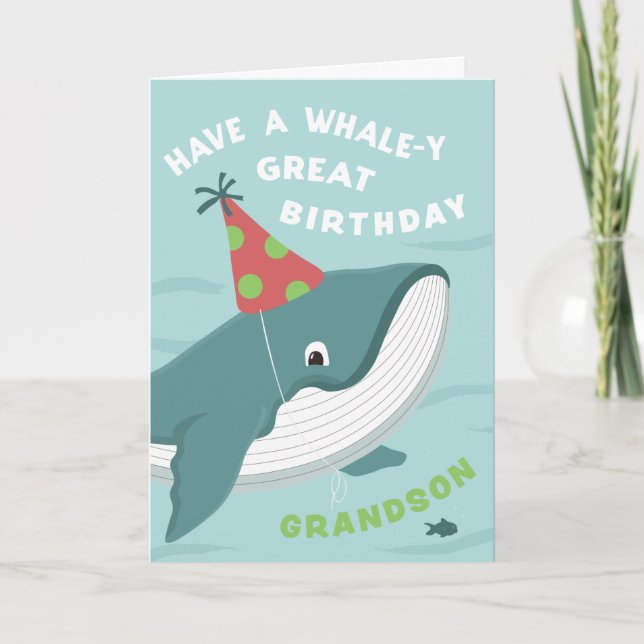 Cute Birthday Whale i Party hat för Grandson Kort (Framsida)