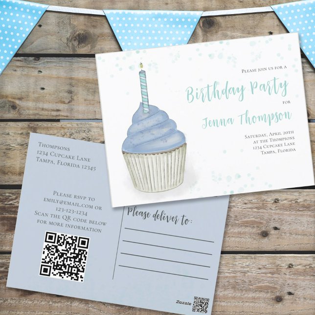 Cute Birthday Whimsical Blue Cupcoa QR-kod Vykort (Skapare uppladdad)
