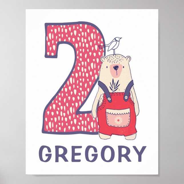 Cute björn andra födelsedag med namn poster (Framsidan)