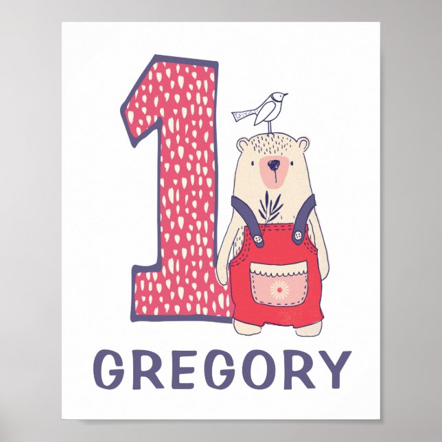 Cute björn första födelsedag i namn poster (Framsidan)