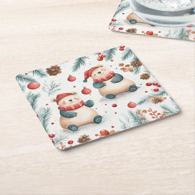 Cute björn Gräs och prydnadsdjur Red God jul Underlägg Papper Kvadrat (Vinklad)