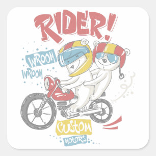 Cute björnar på motorcykel fyrkantigt klistermärke