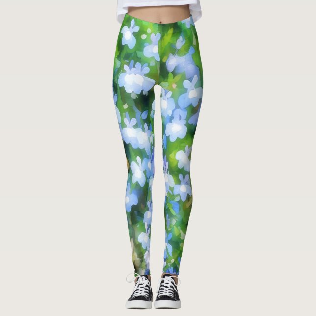 Cute Blåa blommor Blommigt Watercolor Art Leggings (Framsida)
