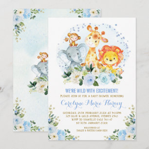 Cute Blåa blommor Jungle Safari Boy Baby Shower Inbjudningar