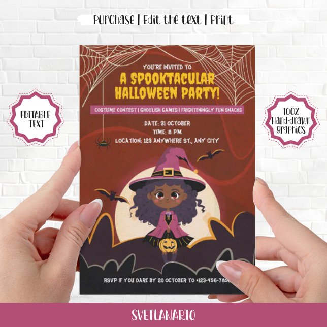 Cute Black African American Halloween häxtjej I Inbjudningar (Cute Little Black African American Witch Halloween Invitation)