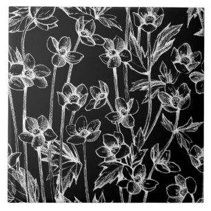 Cute Black and White Blommigt Botanical Kakelplatta