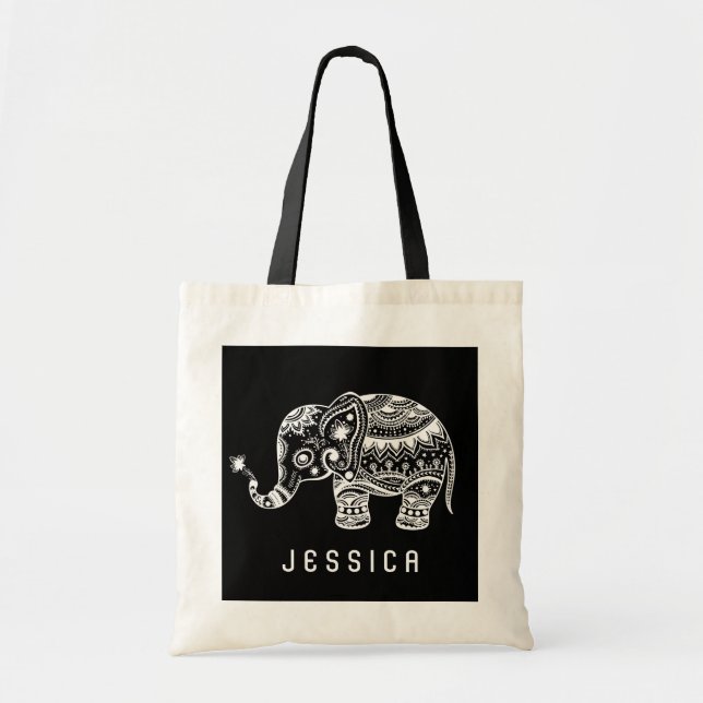 Cute Black and White Blommigt Elephant Tygkasse (Framsidan)