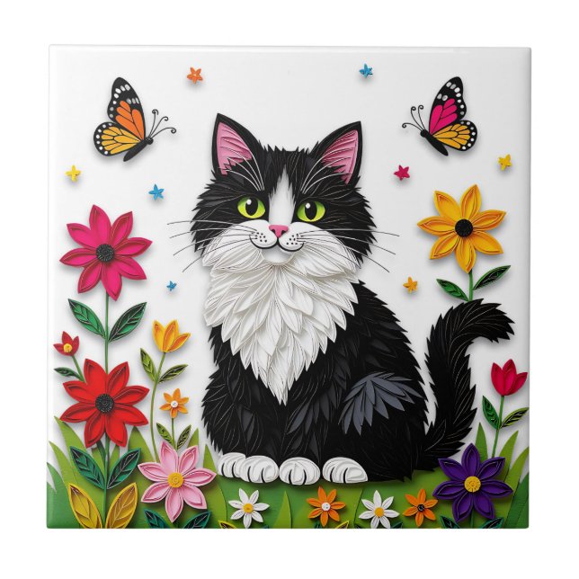 Cute Black and White Cat, Flowers and Butterflies Kakelplatta (Framsidan)