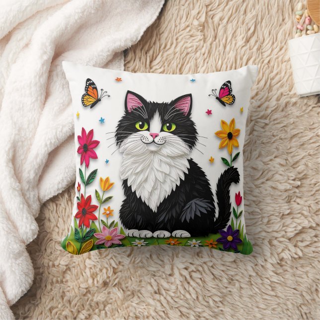 Cute Black and White Cat, Flowers and Butterflies Kudde (Filt)