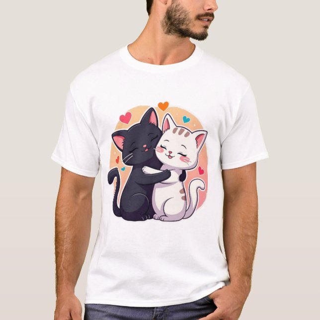 Cute Black and White Cat Hug Love Hearts T-Shirt (Framsida)