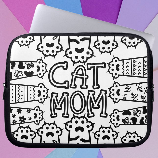 Cute Black and white cat mamma med cat tass Laptop Fodral (Stylish Cat Mom For Cat Lovers Laptop Sleeve)