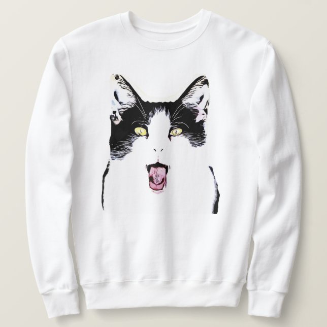 Cute Black and white cat skrattar Lång Ärmad Tröja (Design framsida)