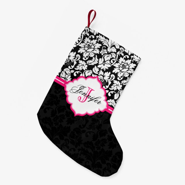 Cute Black and White Damask med Rosa Rand Liten Julstrumpa (Framsidan (Hängande))