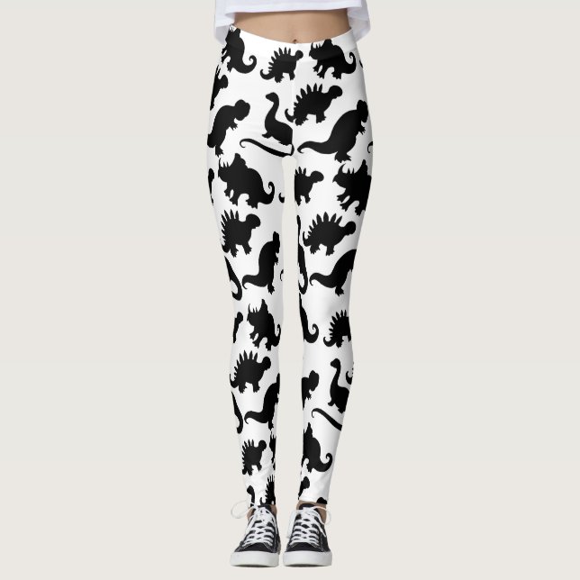 Cute Black and White Dinosaur Mönster Leggings (Framsida)