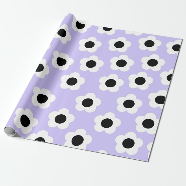 Cute Black and White Flower med blå bakgrund Presentpapper (Utrullad)