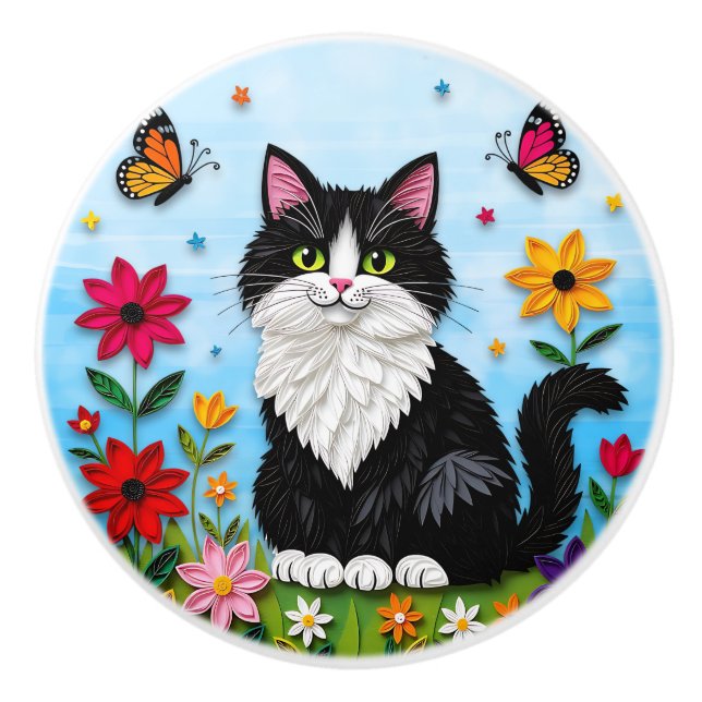Cute Black and White  Folk Art Cat and Flowers Knopp (Framsidan)