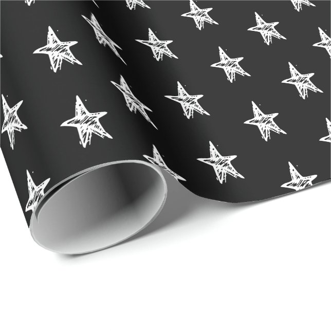 Cute Black and white hand plockade Stars mönster Presentpapper (Rullad Hörn)