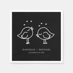 Cute Black and White Lovebird Doodles Bröllop Pappersservett