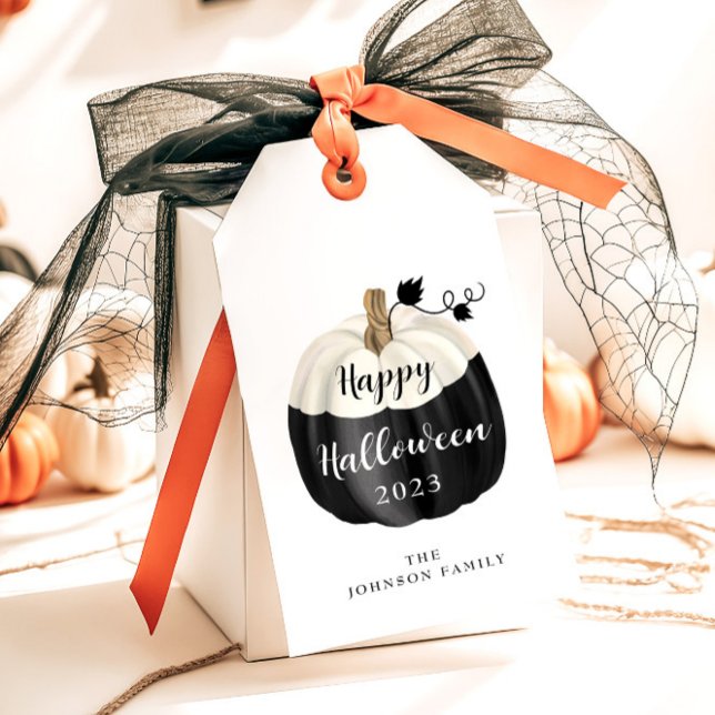 Cute Black and White Pumpkin Happy halloween Presentetikett (Cute Black And White Pumpkin Happy Halloween Gift Tags)