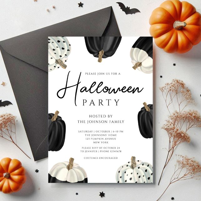 Cute Black and White Pumpkins Halloween Inbjudningar (Cute Black And White Pumpkins Halloween Invitation)