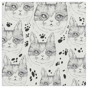 Cute Black and White Serene Cat Ansikte Mönster Tyg