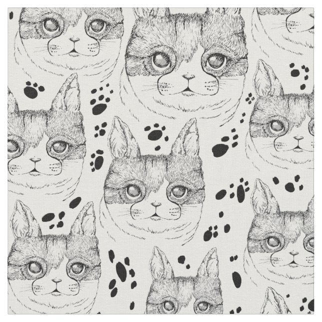 Cute Black and White Serene Cat Ansikte Mönster  Tyg (Närbild)