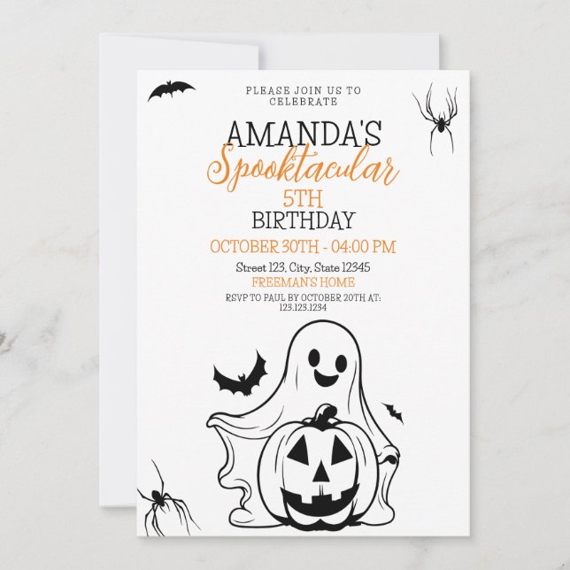 Cute Black and White Spooky Ghost Pumpkin Birthday Inbjudningar (Framsida)