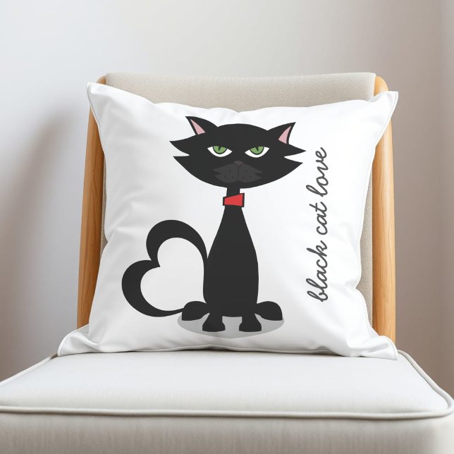 Cute Black and White Tecknad Cat Dekorativ kudde (add your black cat's name and perhaps change the background color to your kitty's favorite color too)