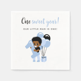 Cute Black Baby Boy Blue Balloon First Birthday Pappersservett
