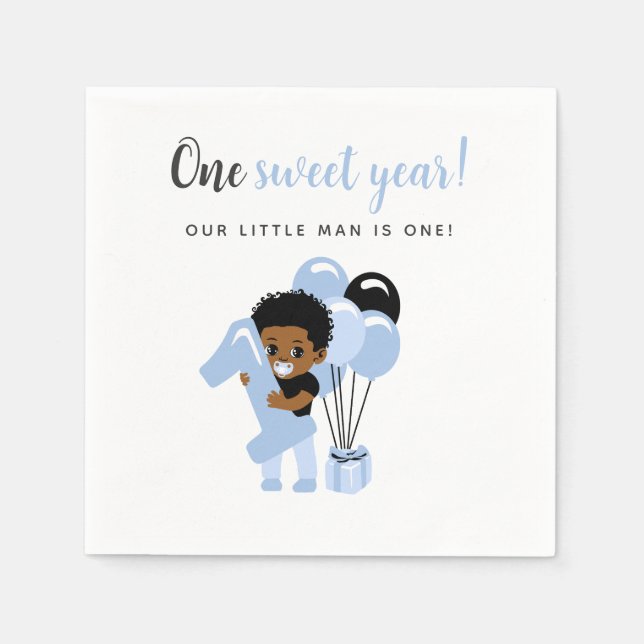 Cute Black Baby Boy Blue Balloon First Birthday Pappersservett (Framsidan)