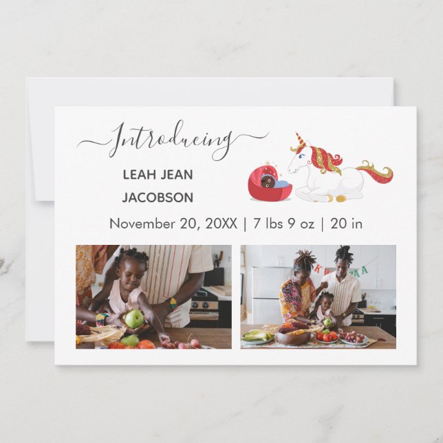 Cute Black Baby Photo Birth Announcement Unicorn Meddelande (Framsida)