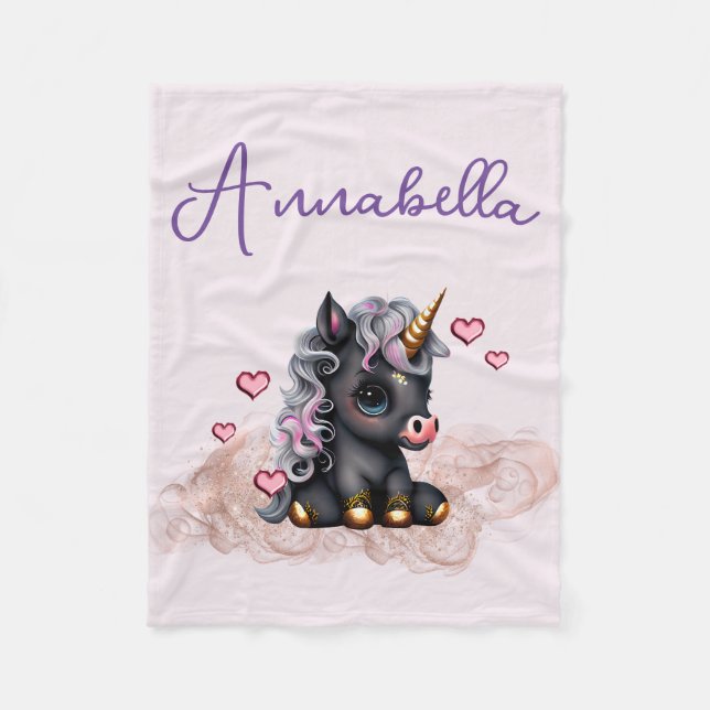Cute Black Baby Unicorn och Hearts Fleecefilt (Framsidan)