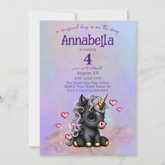 Cute Black Baby Unicorn och Hearts Inbjudningar (Framsida)