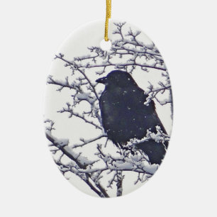 Cute black bird in snöwy grenar julgransprydnad keramik