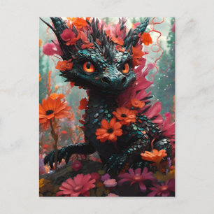 Cute Black Blommigt Dragon Vykort