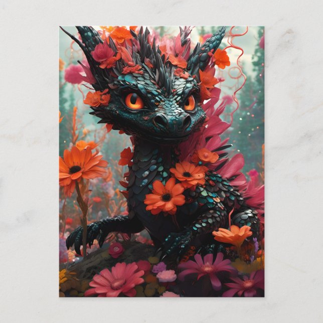 Cute Black Blommigt Dragon Vykort (Framsida)