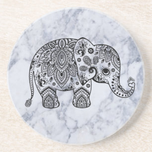 Cute Black Blommigt Elephant on White Marble Stone Underlägg