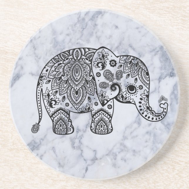 Cute Black Blommigt Elephant on White Marble Stone Underlägg (Framsidan)