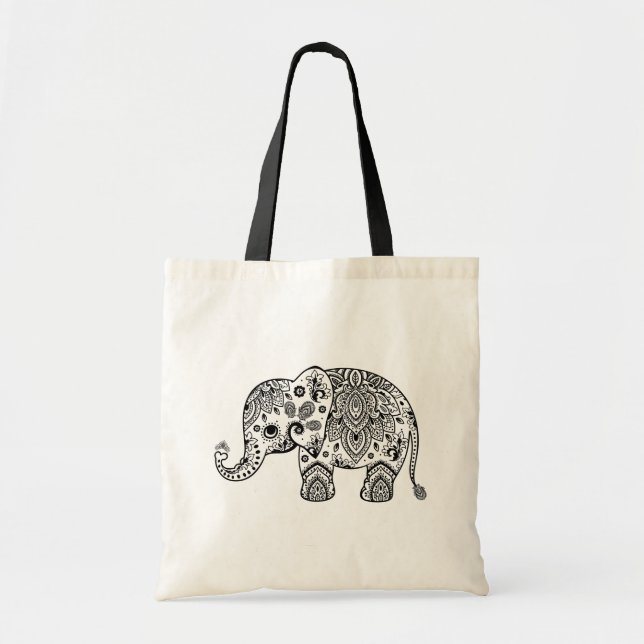 Cute Black Blommigt Paisley Elephant Illustration. Tygkasse (Framsidan)