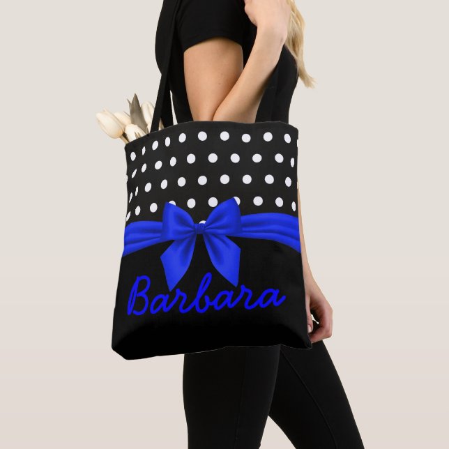 Cute Black Blue Polka dots Monogram Tygkasse (Närbild)