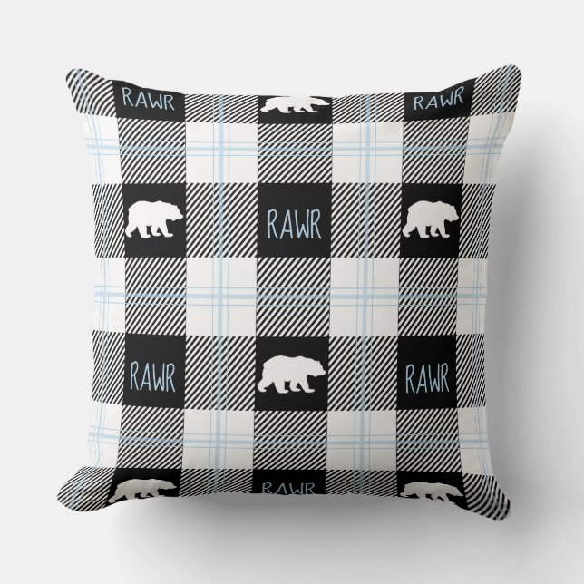 Cute Black Blue & White Bear och Rawr Flanell Kudde (Framsida)